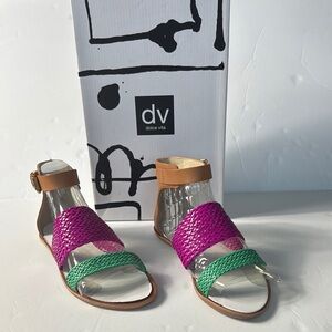 DV DOLCE Viera Hot Pink Stella Green Straps Ankle Strap Tan Back Heel Size 6 NEW